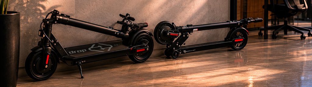 Patinete elétrico dobrável: por que essa funcionalidade faz toda a diferença 1 Dois patinetes elétricos dobrados organizados em um canto de escritório moderno, sem ocupar espaço ou atrapalhar a circulação do ambiente.