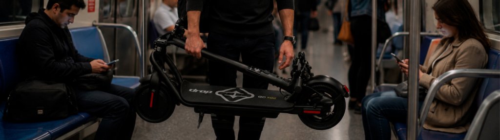Patinete elétrico dobrável: por que essa funcionalidade faz toda a diferença 3 Homem transportando um patinete elétrico dobrável dentro de um metrô moderno, mostrando praticidade na mobilidade urbana durante o trajeto para o trabalho.