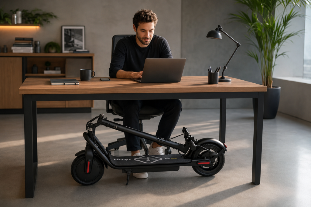 Patinete elétrico dobrável: por que essa funcionalidade faz toda a diferença 5 Ambiente corporativo contemporâneo com um patinete elétrico dobrável armazenado discretamente ao lado de uma mesa de trabalho, reforçando mobilidade urbana e praticidade no dia a dia.