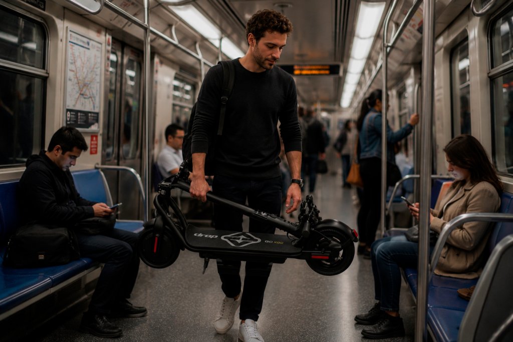 Trabalho sem trânsito: 5 motivos pra usar patinete elétrico no trajeto 1 Homem transporta um patinete elétrico dobrado dentro de um vagão de metrô, enquanto outros passageiros seguem a viagem sentados. A cena ilustra a integração do patinete elétrico com o transporte público, facilitando o deslocamento diário entre casa e trabalho.