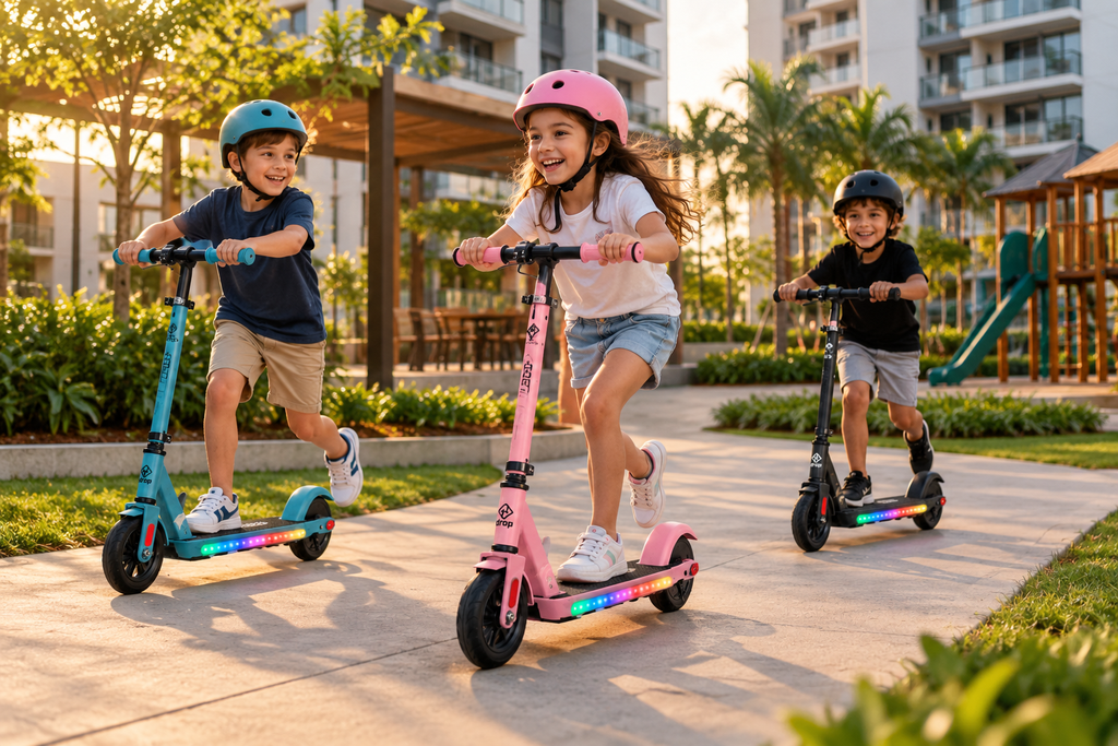 Patinete elétrico precisa de CNH? Veja as regras para circular 4 Três crianças usando patinetes elétricos infantis Drop nas cores azul, rosa e preto, com capacetes, em uma área de lazer de condomínio residencial.
Copiar