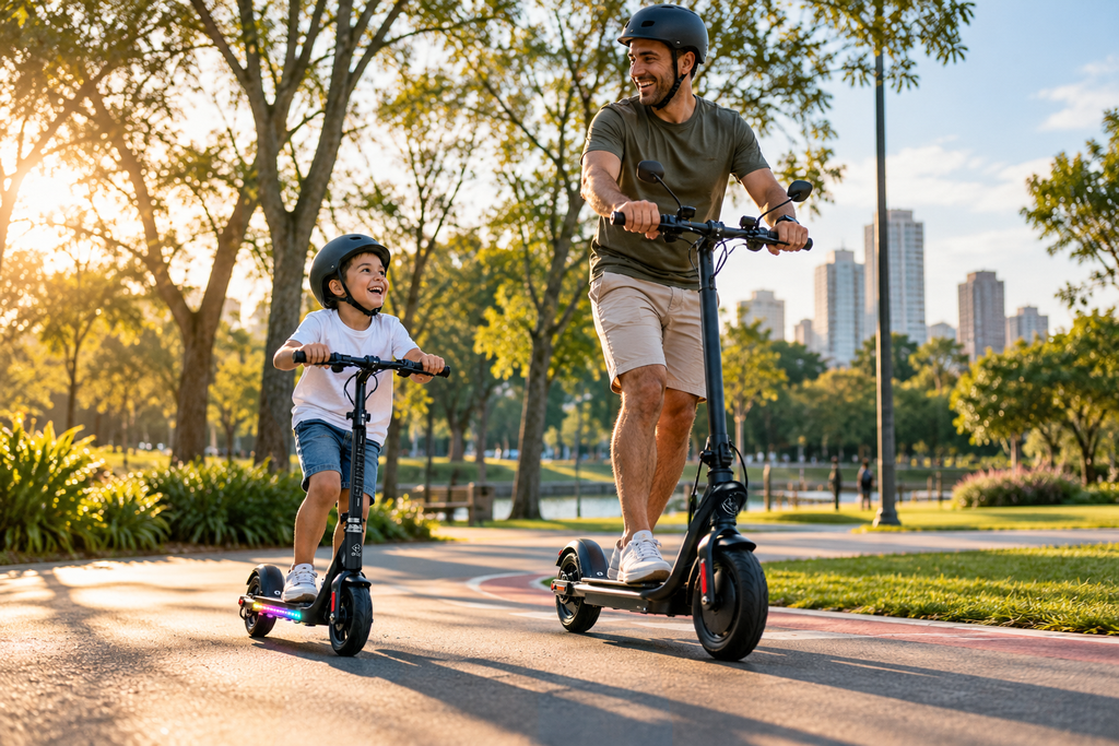 Patinete elétrico precisa de CNH? Veja as regras para circular 2 Pai e filho usando patinetes elétricos Drop em uma pista de parque arborizado, com capacetes de proteção durante um passeio ao ar livre.