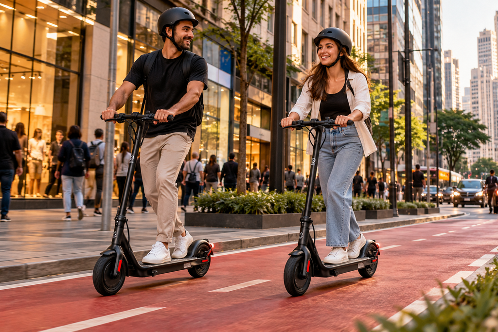 Patinete elétrico precisa de CNH? Veja as regras para circular 5 Casal utilizando patinetes elétricos Drop em uma ciclovia urbana, próximo a lojas e edifícios comerciais no centro da cidade.
Copiar