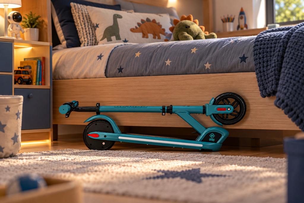 Patinete elétrico precisa de CNH? Veja as regras para circular 3 Patinete elétrico infantil Drop azul-turquesa, dobrado e guardado ao lado da cama em um quarto infantil decorado com brinquedos.
Copiar