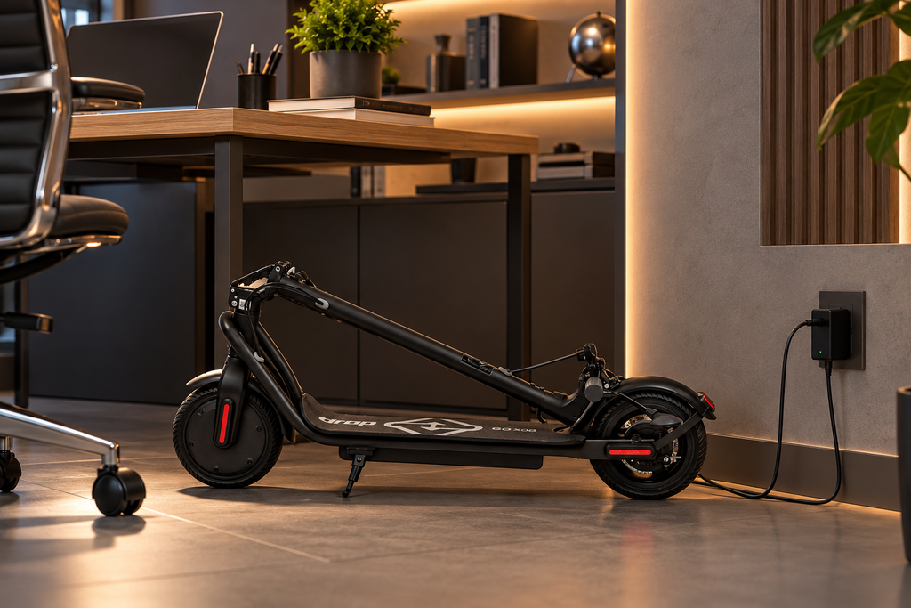 Patinete elétrico precisa de CNH? Veja as regras para circular 6 Patinete elétrico dobrável Drop GO-X08 preto, conectado ao carregador em uma tomada, ao lado de uma mesa em um escritório moderno.
Copiar